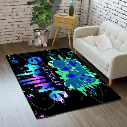 Gamer rug featuring colorful gamepad design and text 'Let's Play Gaming' for boys' bedroom decor.