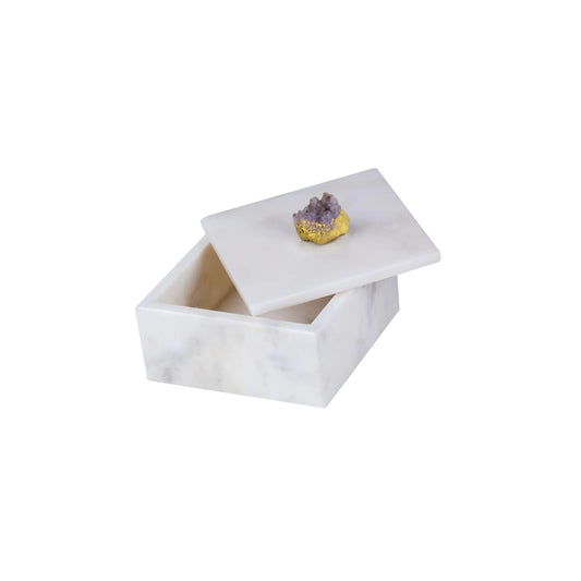 Elegant marble box with lid used for storing precious keepsakes and jewelry, featuring a white marble design and agate knob.