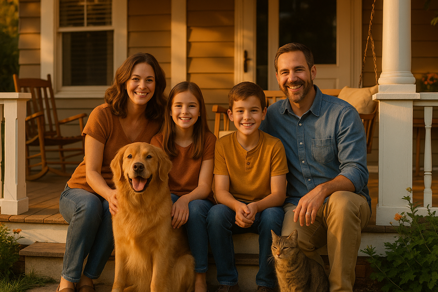 A typical 4-member American home with dogs and cat pets in the front porch of their typical middle class American home.