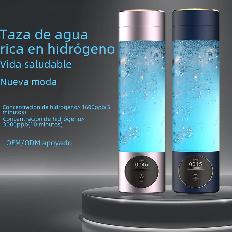 Hydrogen water cup showcasing two stylish bottles with bubbles, highlighting health benefits and modern design.
