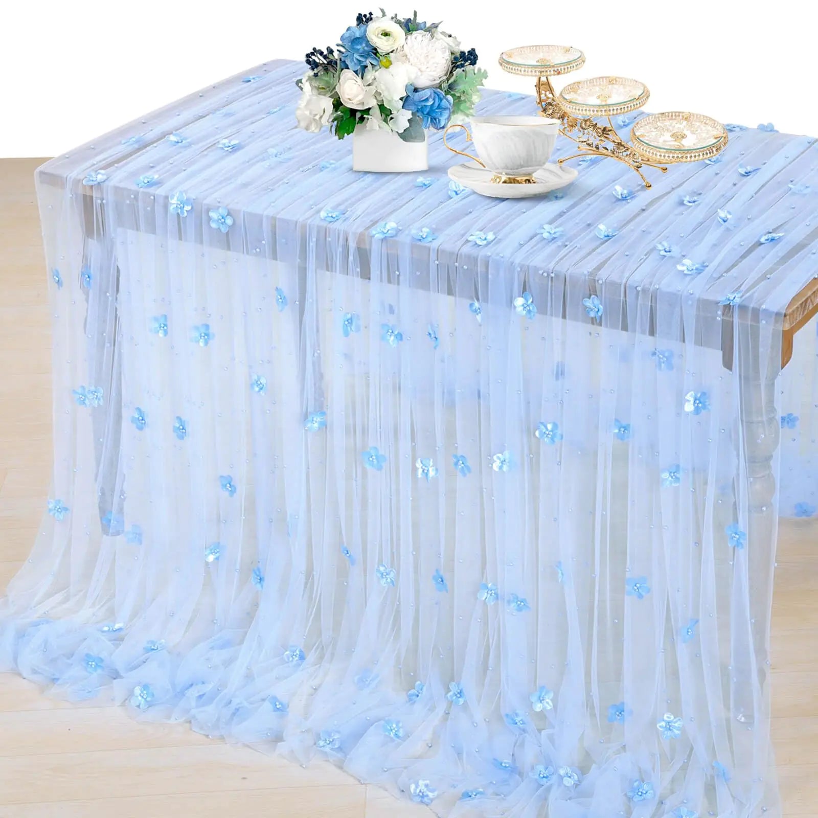 Lace Table Cloth - LuoluoHouse Pearl Birthday Decor on a table with floral arrangements and elegant details.